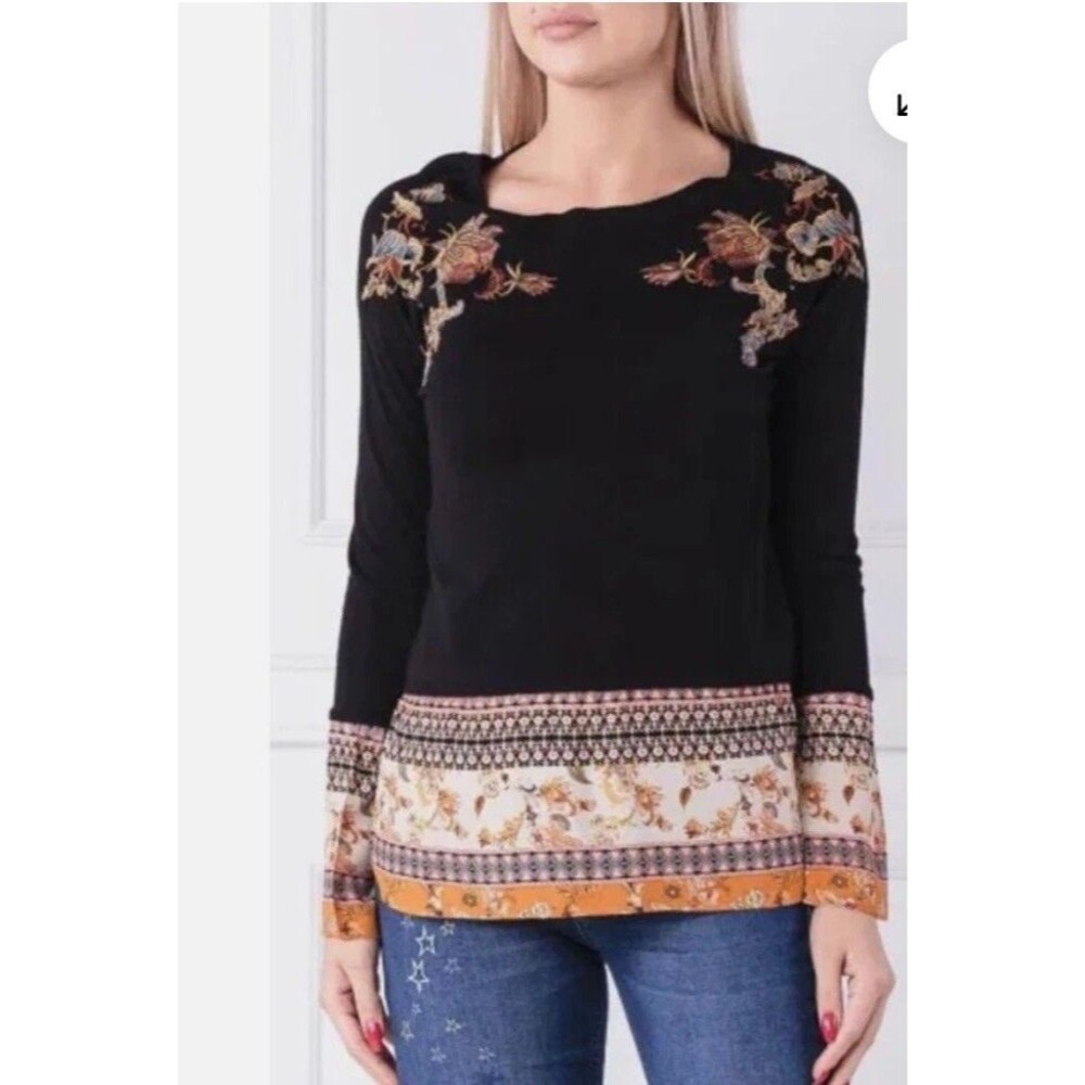 Desigual Pullover Sweater Black Floral Embroidered Contrast Satin Hem Size XL